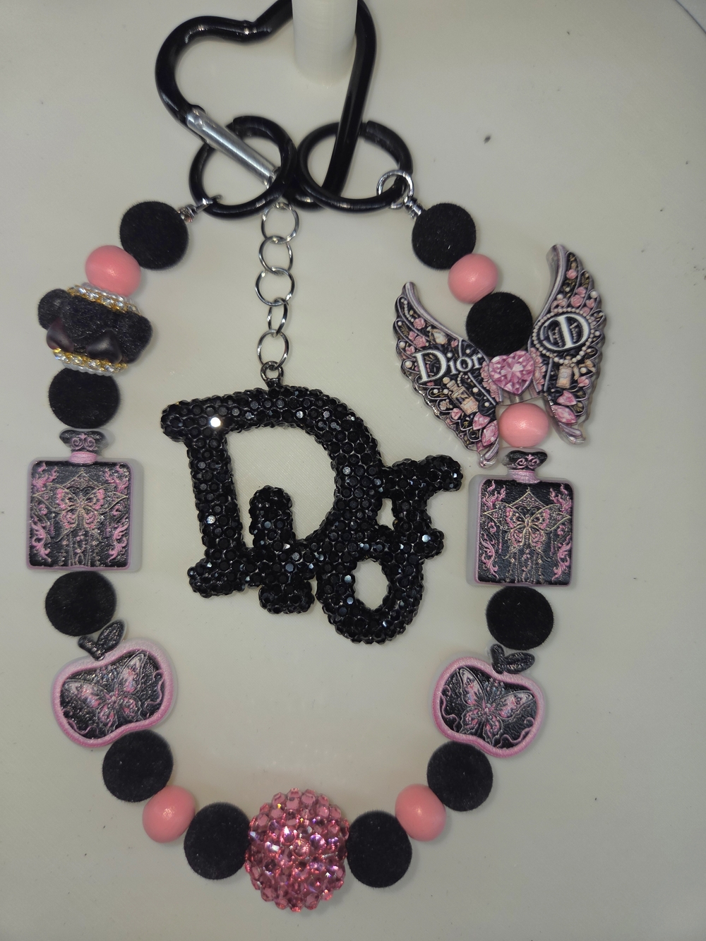 Pink and Black Beaded Keychain Charm with Sequin Pendant